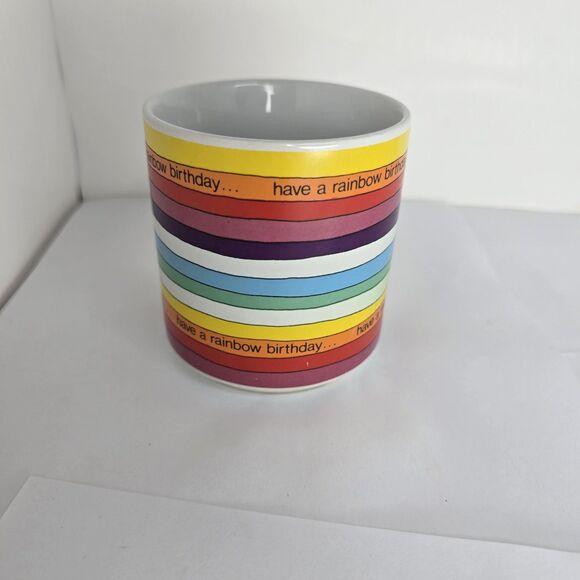 Russ Berrie Have A Rainbow Birthday Striped Coffee Mug Vintage Multicolor Korea - Picture 3 of 8